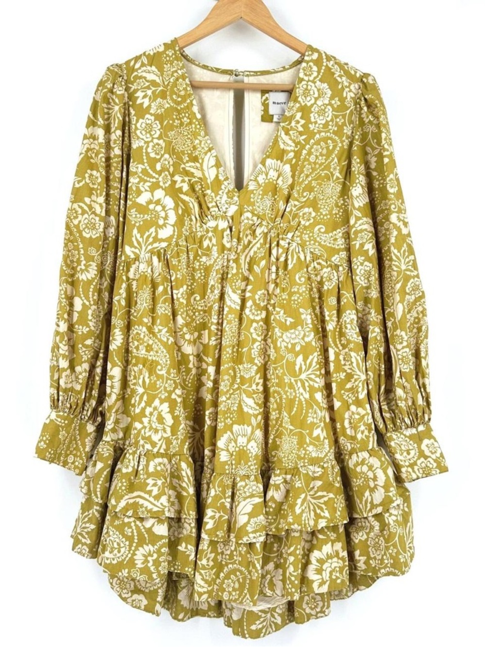 Anthropologie Maeve Floral Tiered Mini Dress in Greenish Yellow & White L NWT